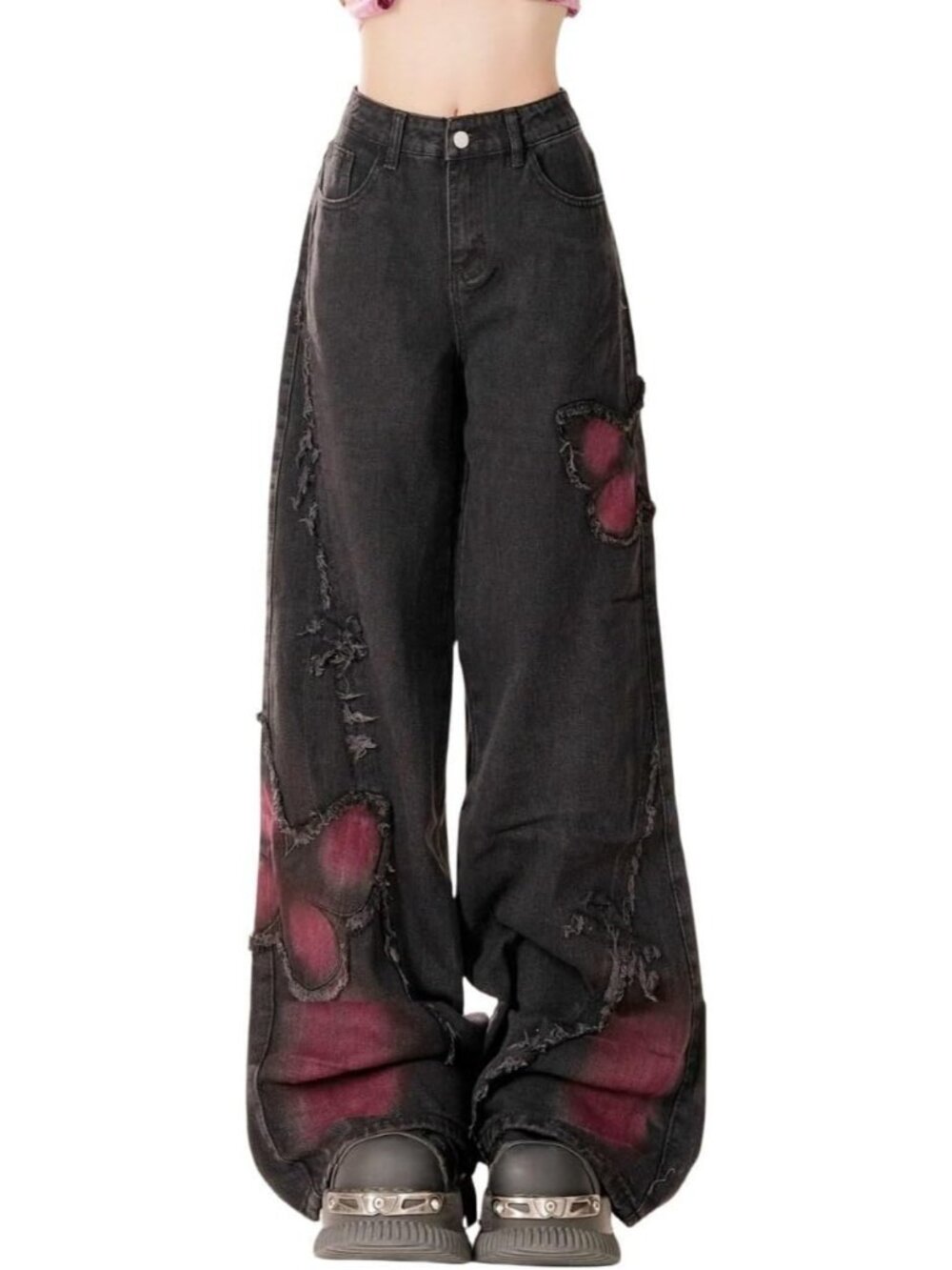 Women's Black Denim Butterfly Print Y2k Wide Leg High Rise Waisted Baggy Jeans